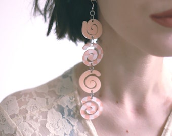 Peach pastel checkered swirl long dangle earrings - handmade acrylic laser cut