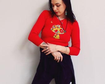 Mushroom applique vintage red sweater 1980s 70s v-neck xs