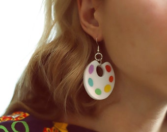 Laser Cut Artist's paint palette earrings gifts for artists painters acrylic dangle earrings / handmade / art teacher / clear white yellow