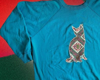 vtg vintage 1990s 80s ear tipped feral cat tnr pullover raglan crew neck sweatshirt jumper cerulean blue teal
