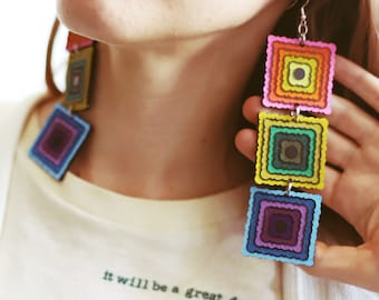 handmade hand-painted rainbow granny square acrylic dangle earrings
