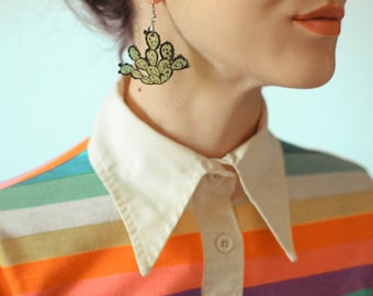 Handcrafted lime green translucent cactus succulent / laser cut hand painted dangle earrings / plant lady