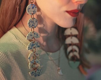 Handmade acrylic moon phase earrings - extra long - porcelain terrazzo or sherbet swirl - laser cut