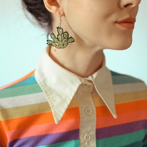 Handcrafted lime green translucent cactus succulent / laser cut hand painted dangle earrings / plant lady