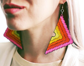 handmade hand painted acrylic triangle earrings / scalloped cloud rainbow granny square quilt
