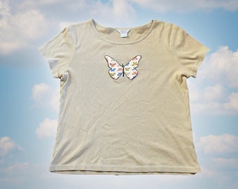 butterfly applique short sleeve 90s khaki light beige t-shirt tee vintage fabric