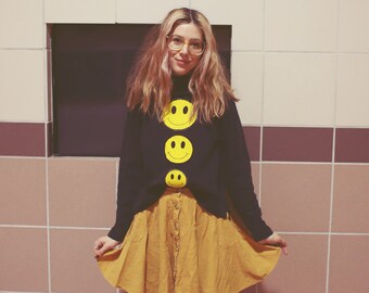 triple smile - so happy! smiley face applique black turtleneck vintage 1990s 90s 2000s y2k  Appliqué