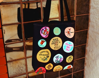 tote bag - vintage / retro inspired all over print - animal lover - badge button disco / roller skating - 1970s 80s 70's 1980's cat lady