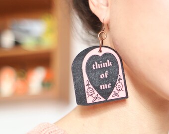 Handcrafted laser cut pastel pink Think of Me headstone dangle earrings