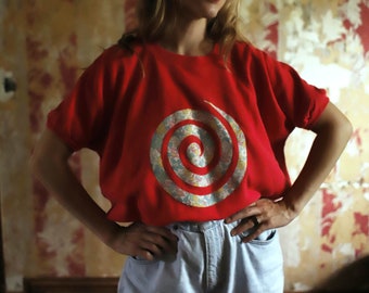 pink short sleeved pullover crew neck sweatshirt vintage - handmade applique floral swirl raglan
