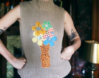 floral bouquet applique sleeveless turtleneck sweater