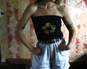 Applique brown tube top daisy floral flower vintage handmade 1990s