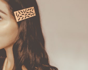 Handcrafted laser cut hair clips - set of 2 - large rectangle + circle barrettes - pastel pink + black geometric 90s retro