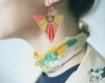 Handcrafted laser cut clear acrylic triangle earrings hand painted sun rays 70s inspired 1970s boho retro