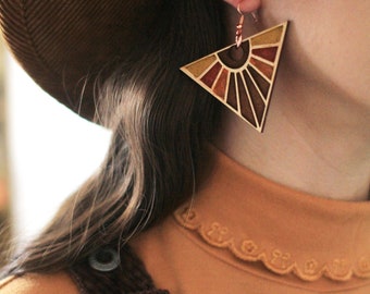 handcrafted laser cut wooden triangle earrings hand painted sun rays 1970s 60s retro inspired