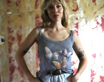 Light grey tank top - butterfly applique vintage sunset butterflies pastel rainbow stripe