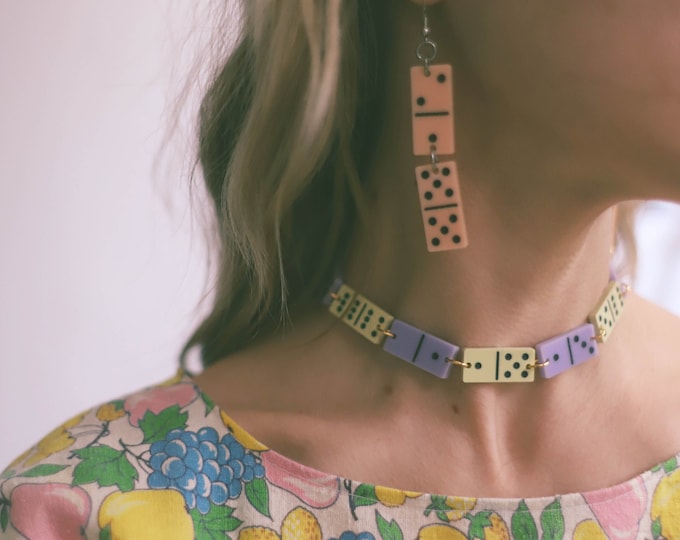 Featured listing image: laser cut acrylic domino choker necklace dominoes - pastel pink lavender yellow