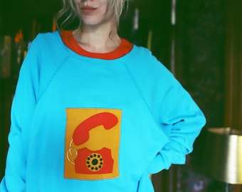 Telephone applique pullover crew neck sweatshirt turquoise plus size 3xl vintage 1980s 90s raglan long sleeve phone