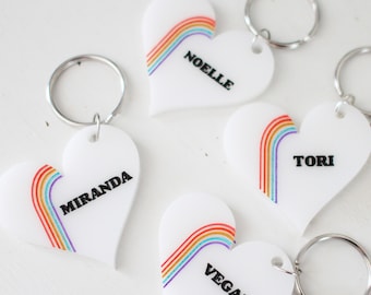 Handmade laser cut customizable name keychain / heart shaped + rainbow stripes / white acrylic