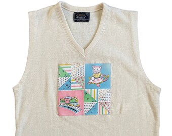 Vintage 1960s cream white sleeveless v-neck sweater vest quilt block applique patch pastel cat / train