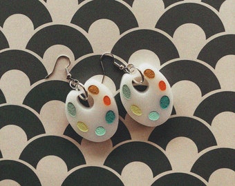 Handmade white Artist's paint palette earrings / gifts for artists / painters / acrylic dangle earrings -primary