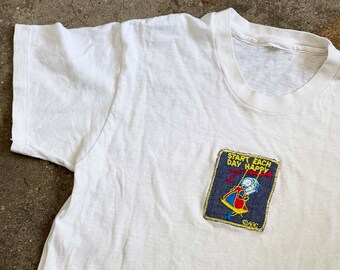 Vintage 1980s single stitch white tee t shirt Holly Hobbie applique patch Start Each Day Happy
