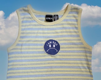 Vintage 1990s I am Sad applique patch graphic tee tank top sleeveless t shirt pale pastel yellow striped