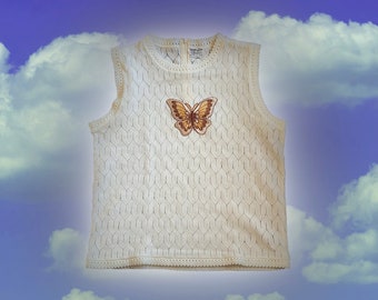 Vintage 1960s Vienna Lace Baar and Beards sleeveless cream whit sweater butterfly applique