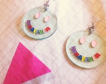 Laser cut acrylic WHATEVER smiley face earrings  / pastel clear rainbow