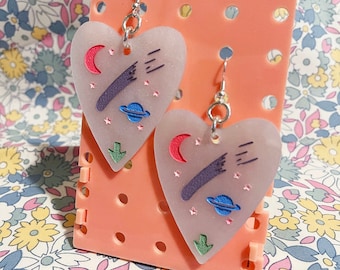 Handcrafted laser cut pearl white acrylic heart planchette dangle earrings / Crystal Gazer talking board / Ouija