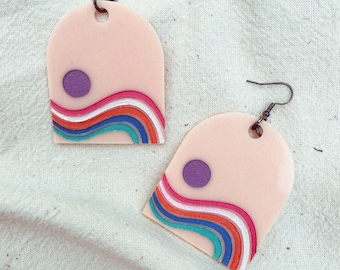 handcrafted pastel peach acrylic earrings -  hand painted engraved 70s retro inspired geo rainbow