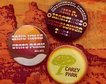 Set of 3 Hutchinson, Kansas pins badge buttons - Sand Hills State Park, Carey Park, Jim Martinez Trail