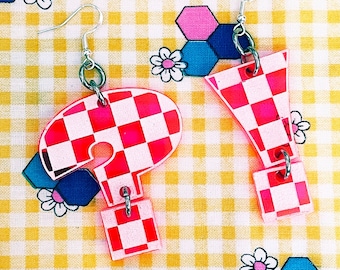 Question mark Exclamation point hot pink or dark translucent red acrylic checkered dangle earrings