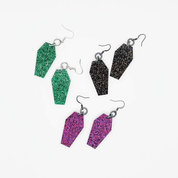 Handcrafted laser cut sparkle coffin earrings / laser cut acrylic - orange, green, black, purple