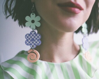 Daisy floral checkered flower + swirl shape dangle earrings - pastel light green lavender peach - acrylic laser cut