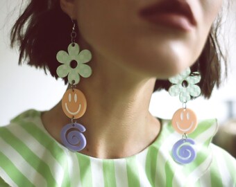 Pastel spring green checkered daisy flower - peach smiley face - lavender swirl dangle earrings - acrylic laser cut