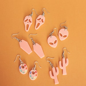 Handcrafted laser cut small pastel pink earrings alien / cactus / paint palette / coffin / scream mask