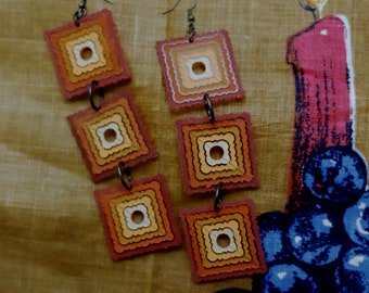 handmade hand-painted granny square acrylic dangle earrings 1970's inspired earthy color scheme