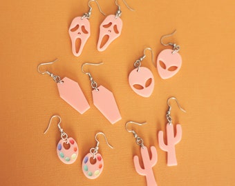 Handcrafted laser cut small pastel pink earrings alien / cactus / paint palette / coffin / scream mask