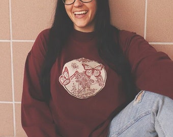 maroon butterfly applique long sleeve tee t-shirt handmade vintage 1990s
