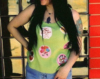Appliqué vintage lime green tank top sleeveless applique graphic tee handmade brat patches roller skate Koala bear disco