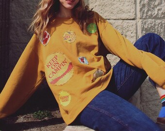 golden mustard applique patch pullover graphic sweatshirt - Foxy Keep on Campin' Camping button badges patchwork cat koala floral