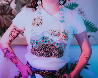 sun landscape patchwork applique vintage 1990s v-neck tee t-shirt