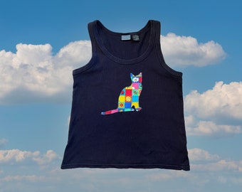 Vintage 1990s dark navy blue ribbed tank top + ear tipped cat tnr applique graphic tee t-shirt sleeveless