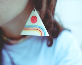 handcrafted white acrylic triangle earrings -  70s retro geo rainbow stripe