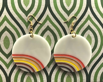 Handmade acrylic earrings - 1970s style rainbow stripes / circle dangle earrings / retro