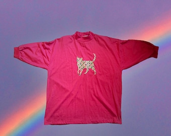 Vintage 1980s 90s short sleeve pink ear tipped cat applique tnr tee t-shirt