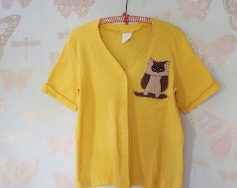 skater owl pocket applique vintage yellow short sleeve shirt button down cardigan baseball jersey 70s 80s vtg