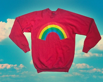 Vintage 1980s red rainbow Appliqué raglan pullover crew neck sweatshirt