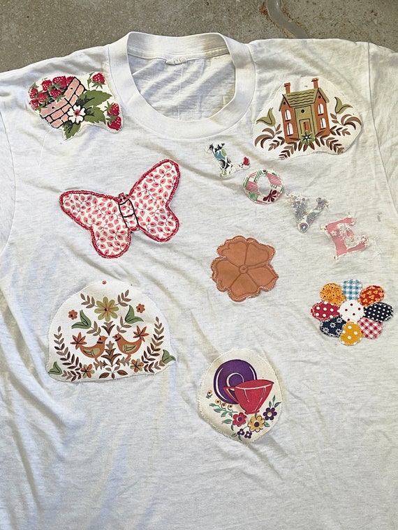 Vintage Applique Tee T-shirt Patchwork Butterfly Single